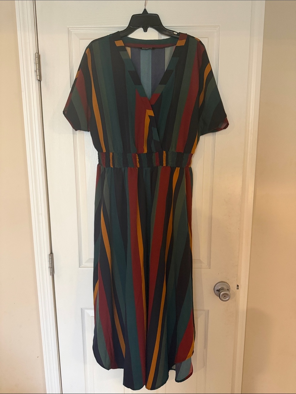 BloomChic Multicolor Striped V-Neck Midi Dress in Teal, Burgundy & Mustard
